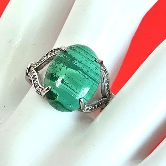925 Sterling Silver Ring Sz 8.5 with Natural Malachite & CZ - Picture 12 of 13